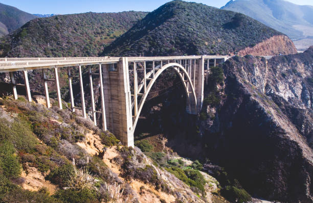 panoramische luftaufnahme des historischen bixby creek bridge entlang welt berühmten pacific coast highway 1 in sonnigen sommertag, monterey county, kalifornien, usa, gedreht von drohne - coastline big sur california pacific ocean stock-fotos und bilder