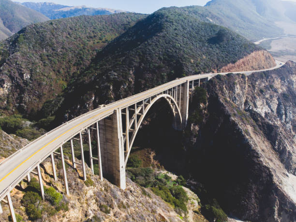 panoramische luftaufnahme des historischen bixby creek bridge entlang welt berühmten pacific coast highway 1 in sonnigen sommertag, monterey county, kalifornien, usa, gedreht von drohne - coastline big sur california pacific ocean stock-fotos und bilder