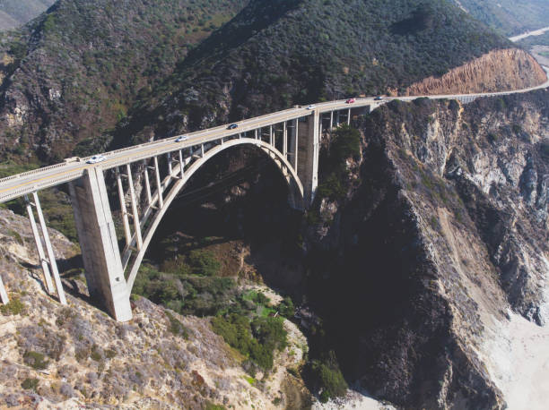 panoramische luftaufnahme des historischen bixby creek bridge entlang welt berühmten pacific coast highway 1 in sonnigen sommertag, monterey county, kalifornien, usa, gedreht von drohne - coastline big sur california pacific ocean stock-fotos und bilder