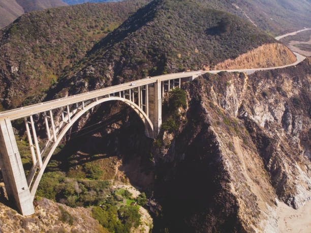 panoramische luftaufnahme des historischen bixby creek bridge entlang welt berühmten pacific coast highway 1 in sonnigen sommertag, monterey county, kalifornien, usa, gedreht von drohne - coastline big sur california pacific ocean stock-fotos und bilder