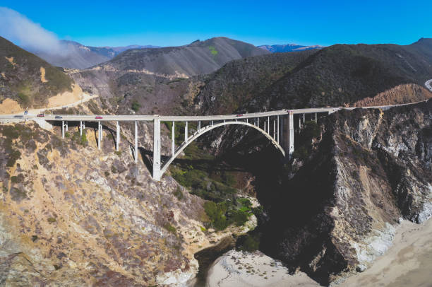 panoramische luftaufnahme des historischen bixby creek bridge entlang welt berühmten pacific coast highway 1 in sonnigen sommertag, monterey county, kalifornien, usa, gedreht von drohne - coastline big sur california pacific ocean stock-fotos und bilder