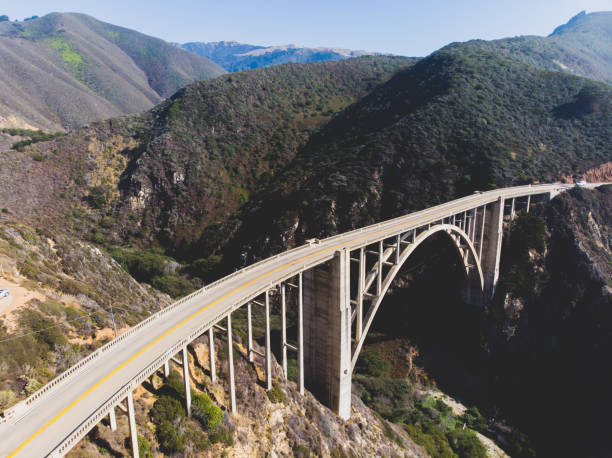 panoramische luftaufnahme des historischen bixby creek bridge entlang welt berühmten pacific coast highway 1 in sonnigen sommertag, monterey county, kalifornien, usa, gedreht von drohne - coastline big sur california pacific ocean stock-fotos und bilder