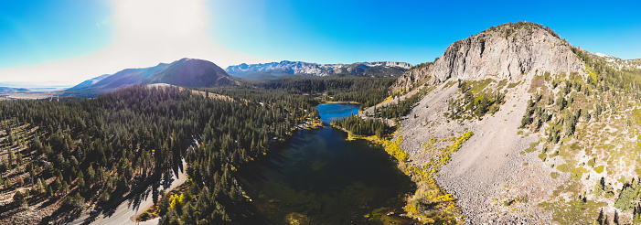 View of Twin Lakes, Lake George, the southeastern slope of Mammoth Mountain, Mono County, eastern California, eastern Sierra Nevada, Inyo National Forest, shot from drone, summer view\