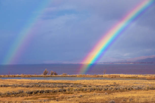 A large vibrant rainbow over a lake in Ontario