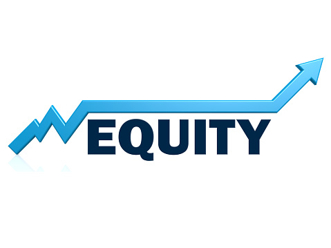 Equity word with blue grow arrow, 3D rendering