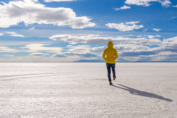 Fun and Deep Thinking on the Bonneville Salt Flats These people are enjoying their visit to the Bonneville Salt Flats on the border of Utah and Nevada.  The white ground might look like snow but it is salt accumulated on the dry lakebed.  A beautiful sky and bright day, perfect for playing around and contemplation. bonneville salt flats stock pictures, royalty-free photos & images