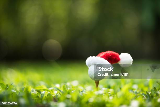 Festivomirar La Pelota De Golf En Tee Con Sombrero De Santa Claus En La Parte Superior Foto de stock y más banco de imágenes de Golf
