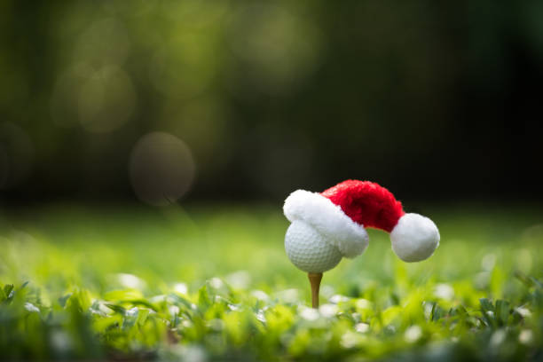 istock Festive-looking golf ball on tee with Santa Claus' hat on top 1071614738