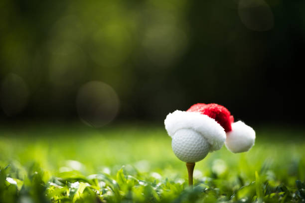 istock Festive-looking golf ball on tee with Santa Claus' hat on top 1071614780