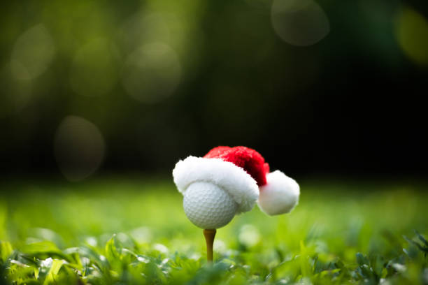 istock Festive-looking golf ball on tee with Santa Claus' hat on top 1071614802