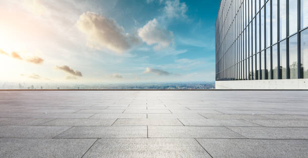 istock Panoramic city skyline and buildings with empty floor 1071614940