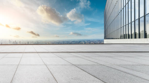 istock Panoramic city skyline and buildings with empty floor 1071616004