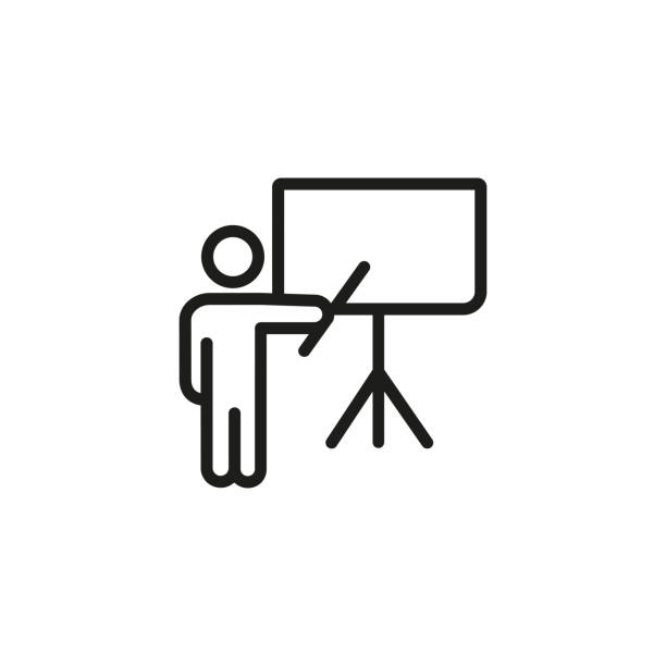 Presenter at flipchart line icon Presenter at flipchart line icon. Business coach, conference, teacher. Training concept. Vector illustration can be used for topics like business, education, meeting flipchart stock illustrations