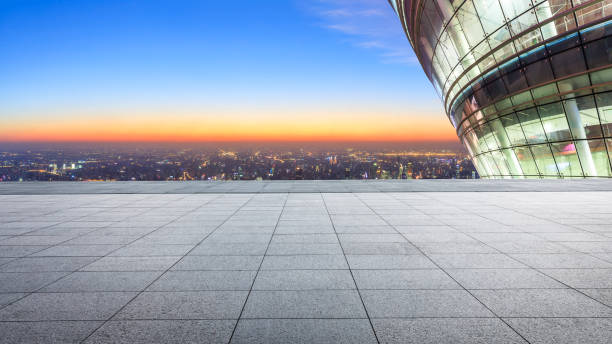 istock Panoramic city skyline and buildings with empty floor 1071617988