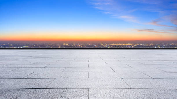 istock Panoramic city skyline and buildings with empty floor 1071617990