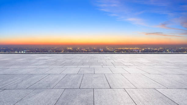 istock Panoramic city skyline and buildings with empty floor 1071618022