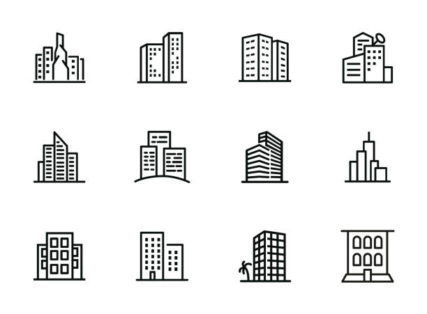 ilustraciones, imágenes clip art, dibujos animados e iconos de stock de conjunto de iconos de línea de paisaje urbano - arquitectura exterior
