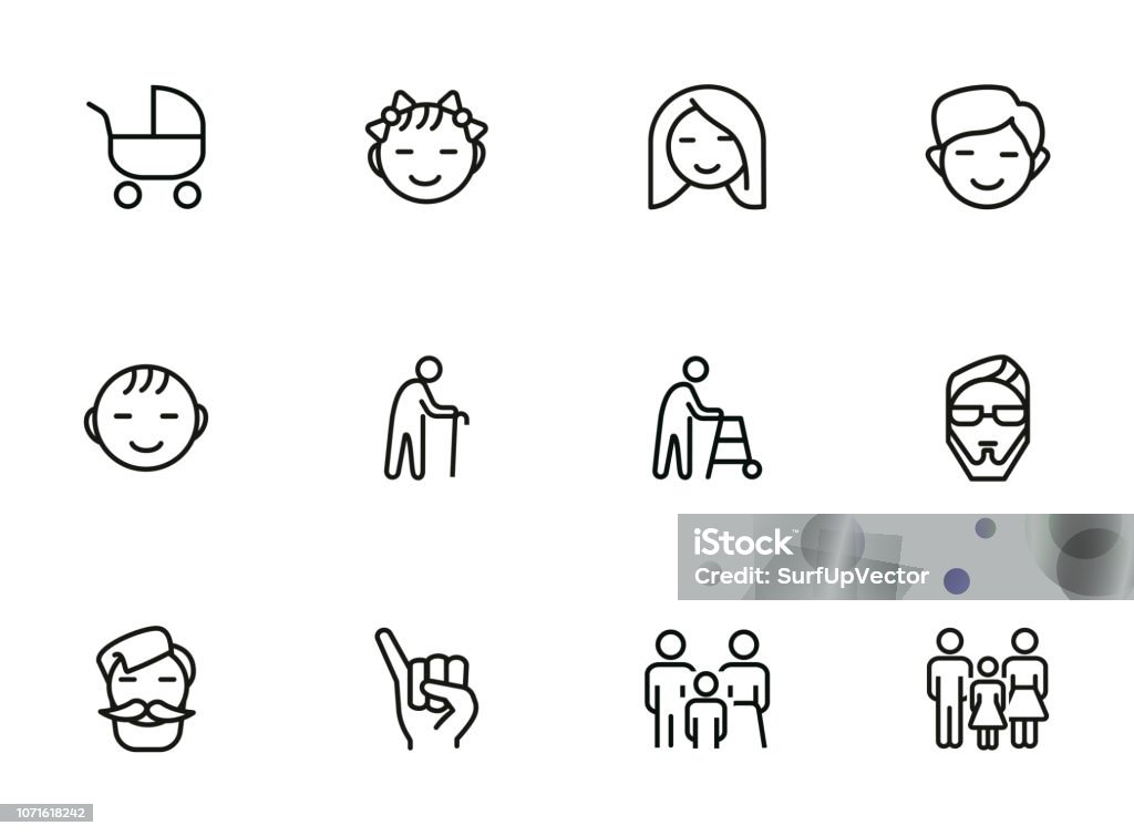 Families line icon set Families line icon set. Set of line icons on white background. Family concept. Girl, stroller, old man. Vector illustration can be used for topics like relationships, family, sociality Icon Symbol stock vector