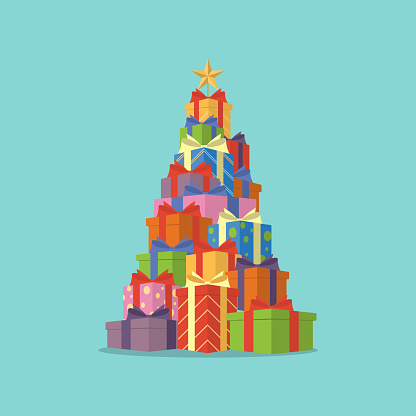 Pile of colorful gift boxes in shape of Christmas tree with star in perspective view