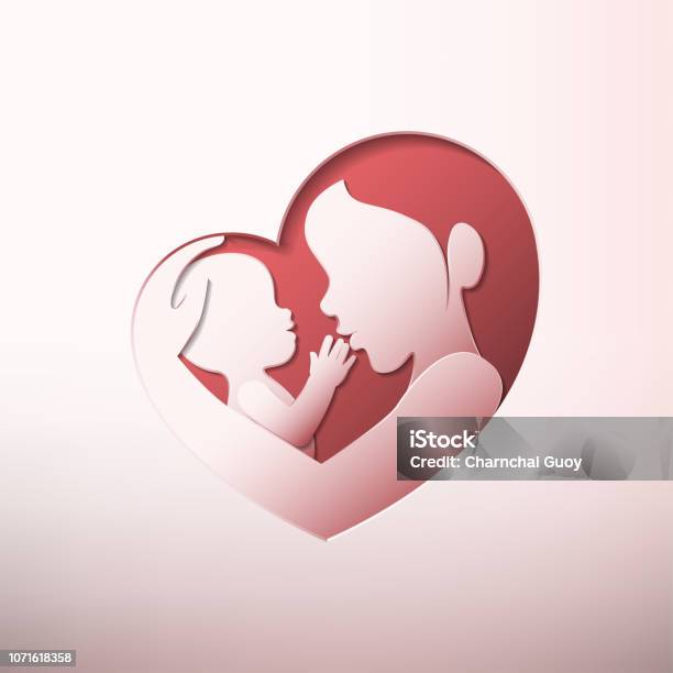 Vetores de Mãe Segurando Um Bebê Em Arte De Papel Silhueta Em Forma De Coração e mais imagens de Mãe