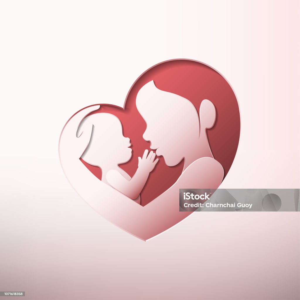 Mother holding a baby in heart shaped silhouette paper art Mother holding a baby with her arm in heart shaped silhouette in paper art style Mother stock vector