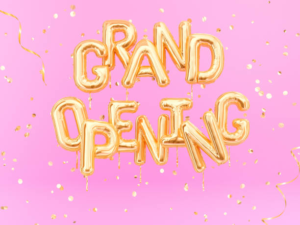 グランド オープニング フレーズ記号文字金色の紙吹雪。グランド オープンのお祝いバナー。 - opening event ストックフォトと画像