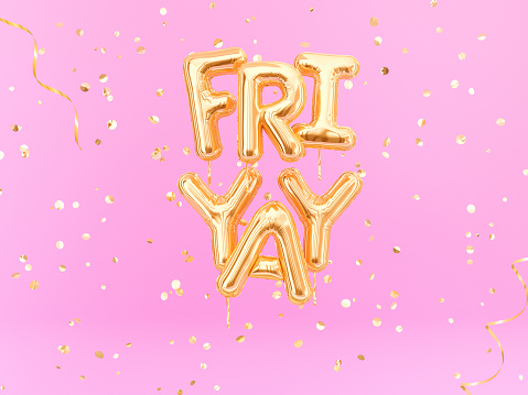 FriYay text sign letters with golden confetti. Friday celebration banner.
