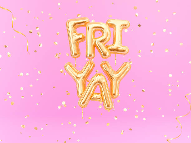 FriYay text sign letters with golden confetti. Friday celebration banner. FriYay text sign letters with golden confetti. Friday celebration banner. 3d rendering friday stock pictures, royalty-free photos & images