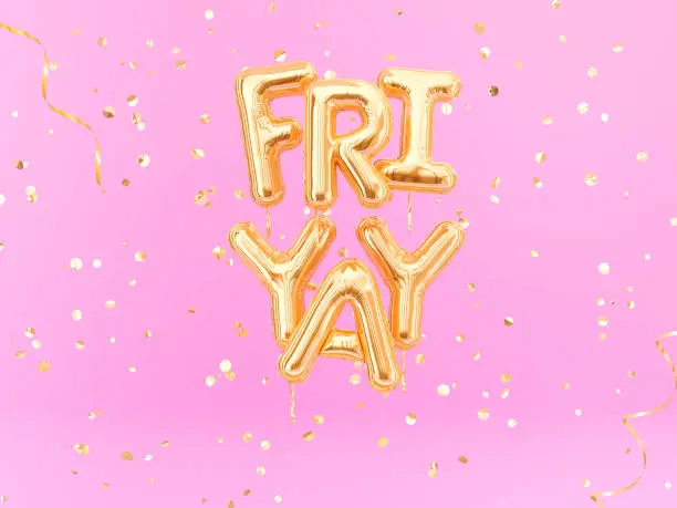 FriYay text sign letters with golden confetti. Friday celebration banner. 3d rendering