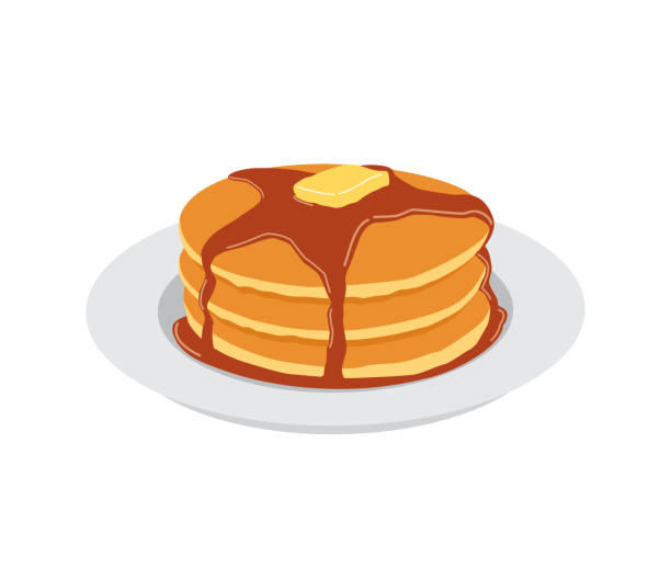 pfannkuchen mit butter und ahornsirup süßen auf weißen teller - syrup stock-grafiken, -clipart, -cartoons und -symbole