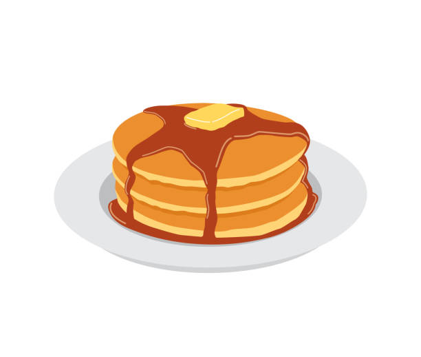 흰색 접시에 버터와 메이플 시럽 달콤한 팬케이크 - 팬케이크 stock illustrations