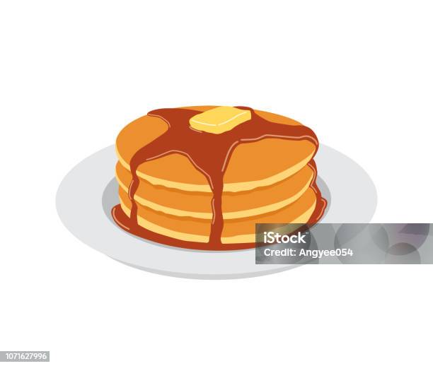 Pancakes With Butter And Maple Syrup Sweet On White Plate Stock Illustration - Download Image Now