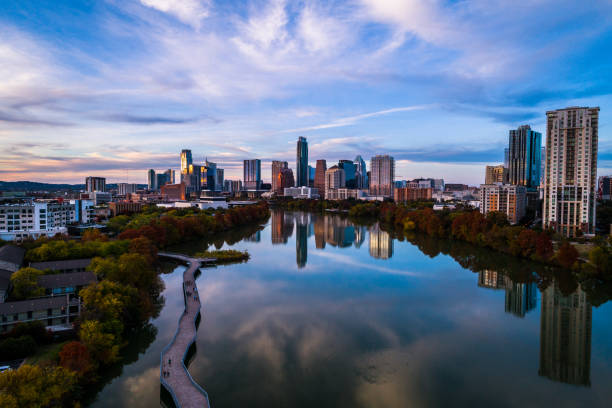 istock Austin Texas perfect tranquil reflections modern Skyline in water front 1071629360