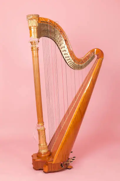 beautiful golden harp on a pink background