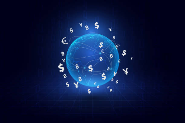 illustrations, cliparts, dessins animés et icônes de transfert d’argent. monnaie mondiale. bourse. illustration vectorielle stock. - currency exchange globe currency global business