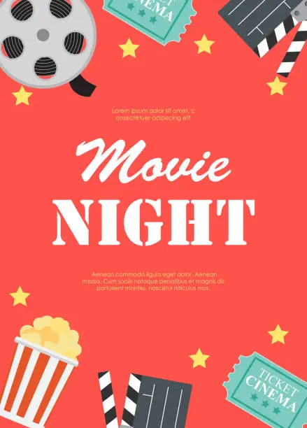 Vector illustration of Abstract Movie Night Cinema Flat Background with Reel, Old Style Ticket, Big Pop Corn and Clapper Symbol Icons. Vector Illustration