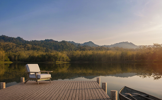El muelle de madera parece el lago, bosque y vistas a la montaña 3d render photo