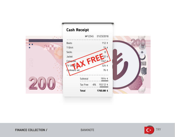 istock Receipt with 200 Turkish Lira Banknote. Flat style sales printed shopping paper bill with red tax free stamp. Shopping and sales concept. 1071647542