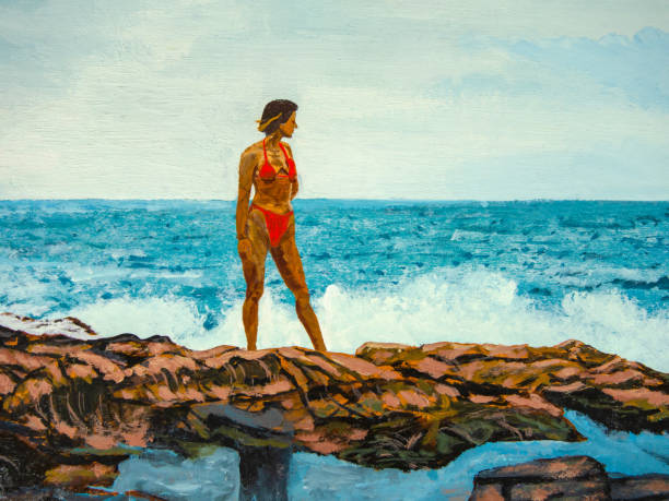 ilustrações, clipart, desenhos animados e ícones de uma garota em uma pé de biquíni vermelho sobre uma pedra no mar - illustration and painting stone beach cliff