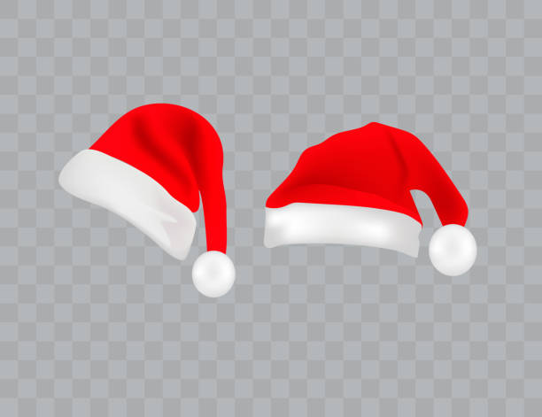 illustrazioni stock, clip art, cartoni animati e icone di tendenza di grande set di cappelli di babbo natale realistici isolati su sfondo trasparente. colllection vettoriale cappello babbo natale, berretto per le vacanze per l'illustrazione di natale - personal accessory cap christmas santa claus