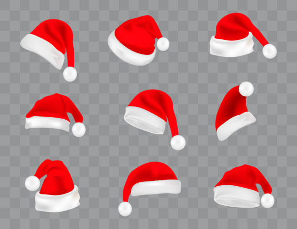 stockillustraties, clipart, cartoons en iconen met grote reeks van realistische santa hoeden geïsoleerd op transparante achtergrond. vector kerstman hoed colllection, vakantie glb xmas afbeelding - kerstmuts