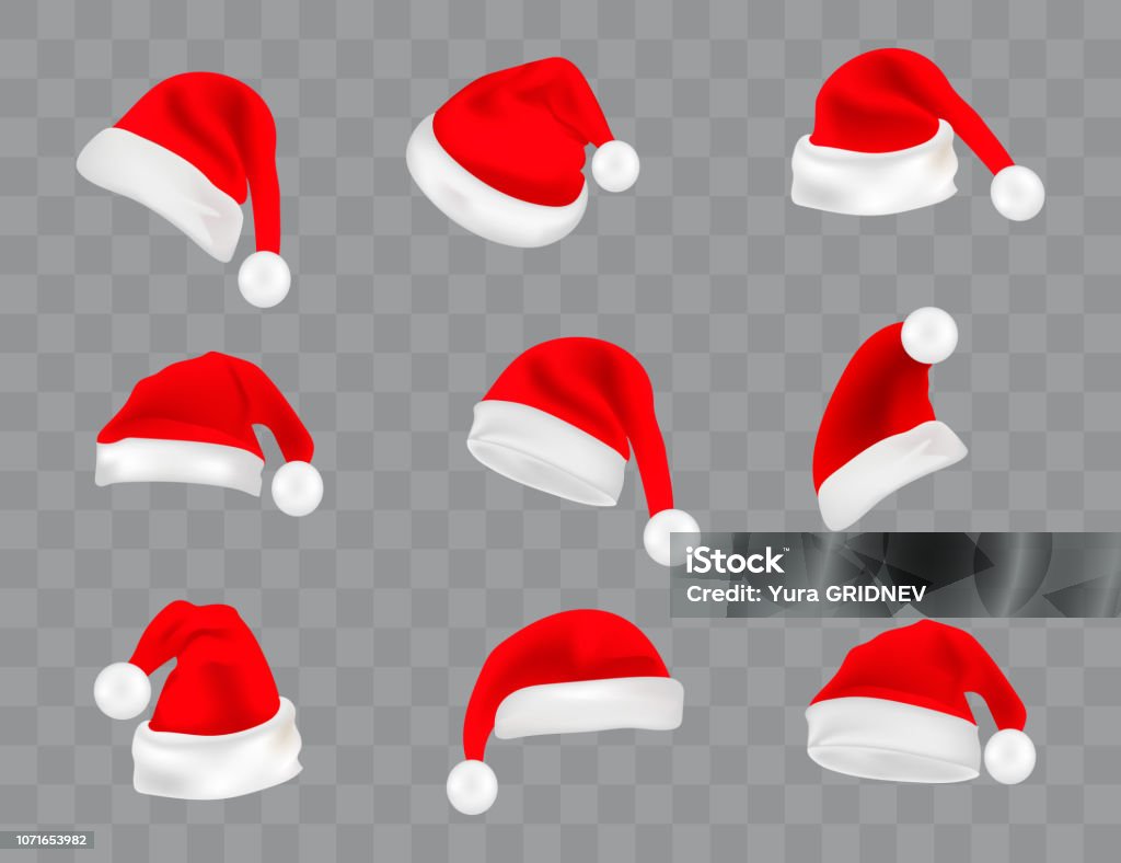 Grande conjunto de realista gorros isolado em fundo transparente. Vector Papai Noel chapéu colllection, tampa de férias para ilustração de Natal - Vetor de Natal royalty-free