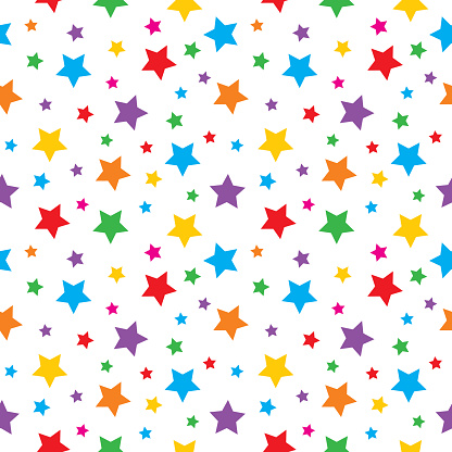 Vector seamless pattern of bright colorful little stars on a white background.