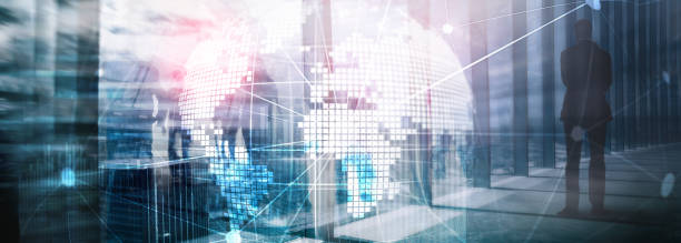 istock Double exposure mixed media. 3D Earth planet hologram and communication structure. World wide network and globalization concept. 1071657544