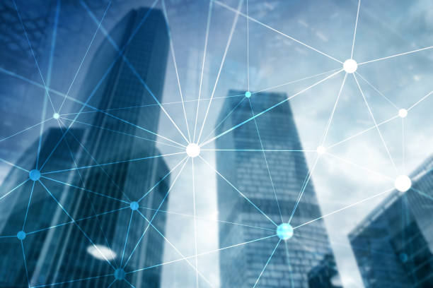 istock Blockchain network on blurred skyscrapers background. Financial technology and communication concept. 1071657656