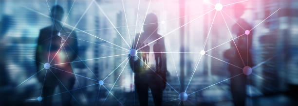 istock Blockchain network on blurred skyscrapers background. Financial technology and communication concept. 1071657670