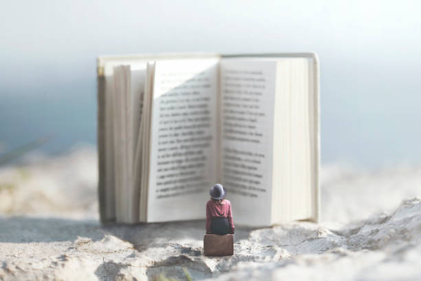 istock woman sitting on a suitcase reads a giant book 1071659590