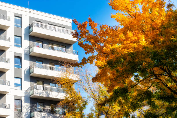 istock Modern white apartment building with autumn leaves at foreground 1071661198