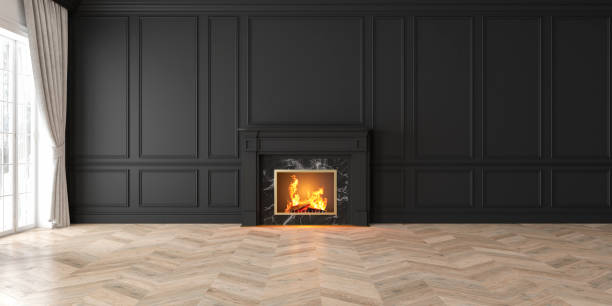 istock Classic empty black interior with fireplace, curtain, window, wall panels, 3D render, illustration, mockup, wide picture. 1071664728