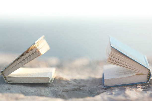 contacto surrealista entre los dos libros que hablan - outdoors book reading accessibility fotografías e imágenes de stock